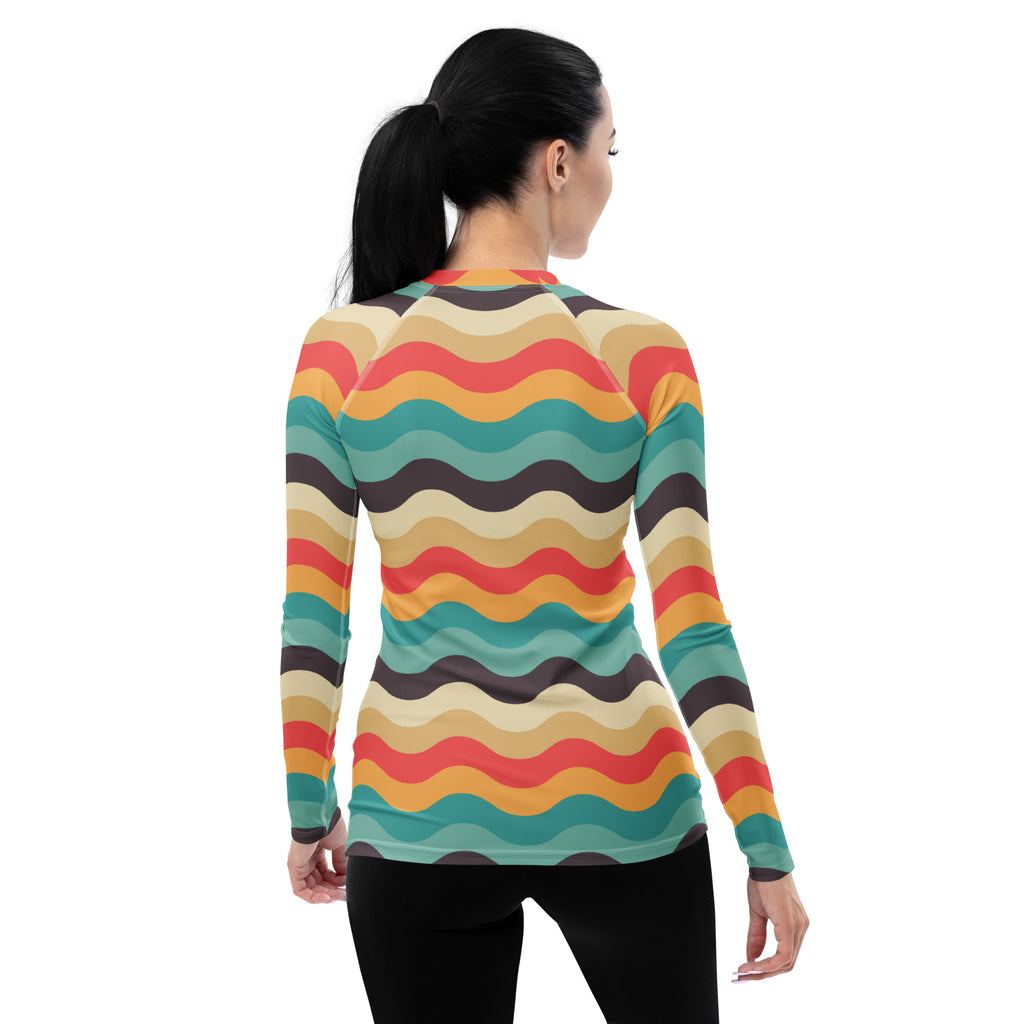 Women's Teal Coral Orange Wavy Stripe Long Sleeve Rash Guard Swim Shirt – Buttery Soft, Sun Safe UPF 50+ Protection, Quick Dry & 4-Way Stretch Comfort