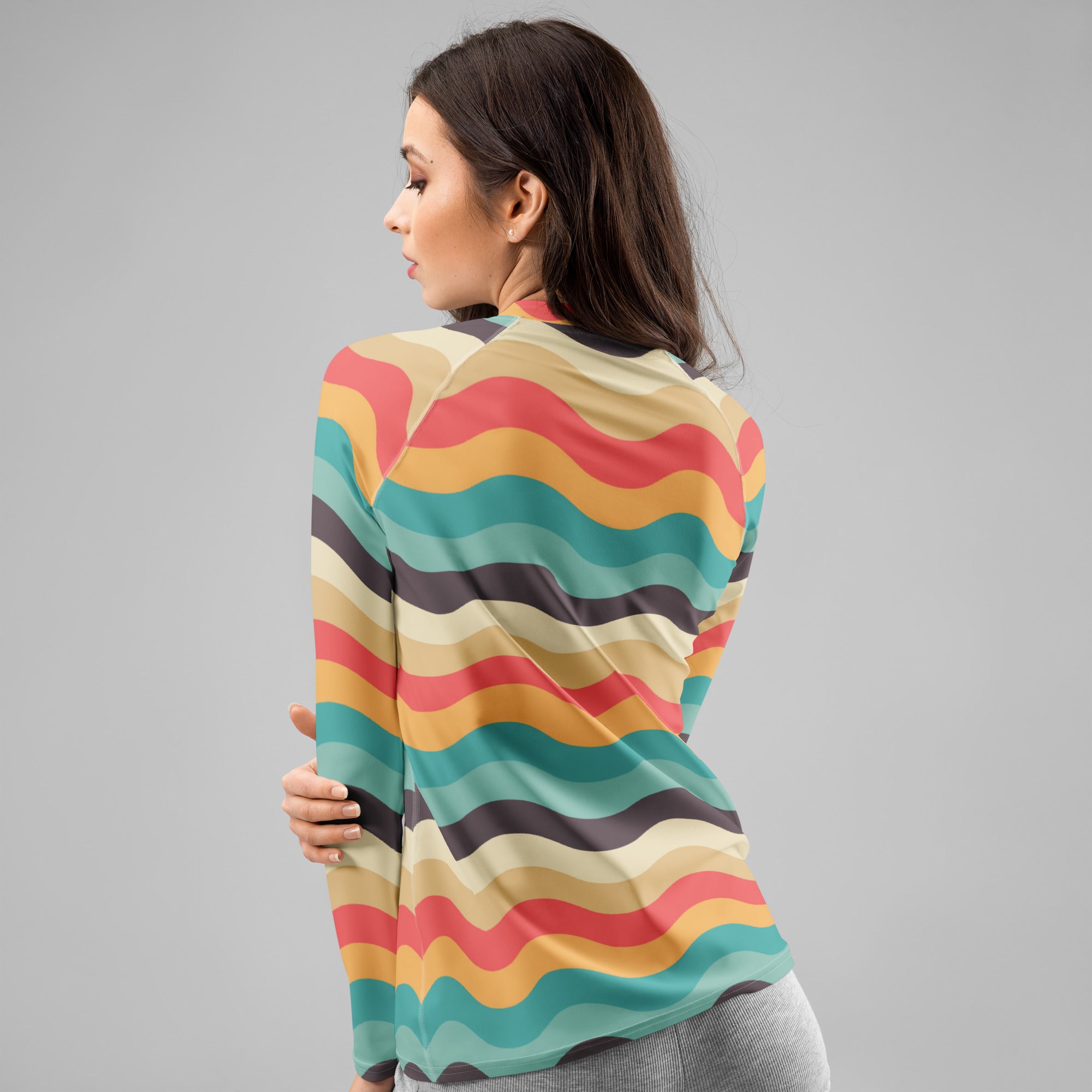 Women's Teal Coral Orange Wavy Stripe Long Sleeve Rash Guard Swim Shirt – Buttery Soft, Sun Safe UPF 50+ Protection, Quick Dry & 4-Way Stretch Comfort