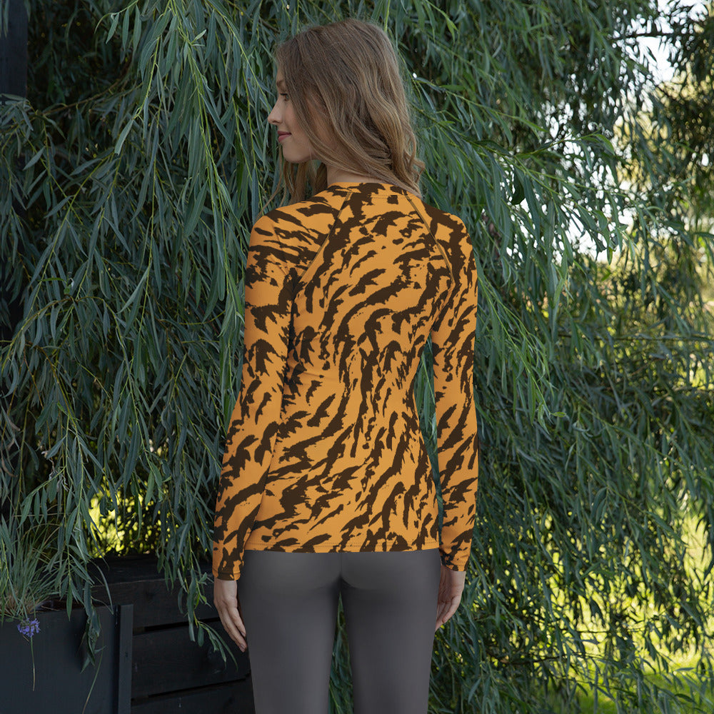Women's Orange Tiger Print Long Sleeve Rash Guard Swim Shirt – Buttery Soft, Sun Safe UPF 50+ Protection, Quick Dry & 4-Way Stretch Comfort