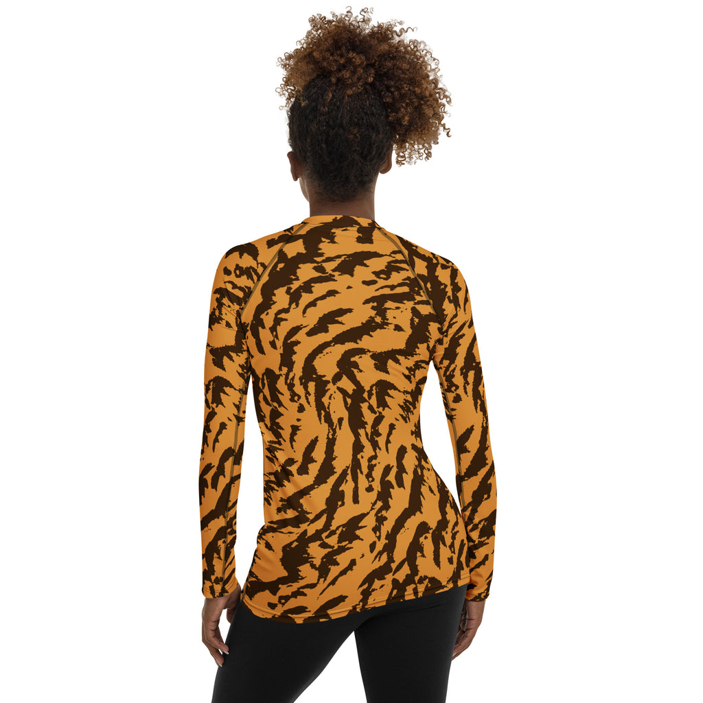 Women's Orange Tiger Print Long Sleeve Rash Guard Swim Shirt – Buttery Soft, Sun Safe UPF 50+ Protection, Quick Dry & 4-Way Stretch Comfort