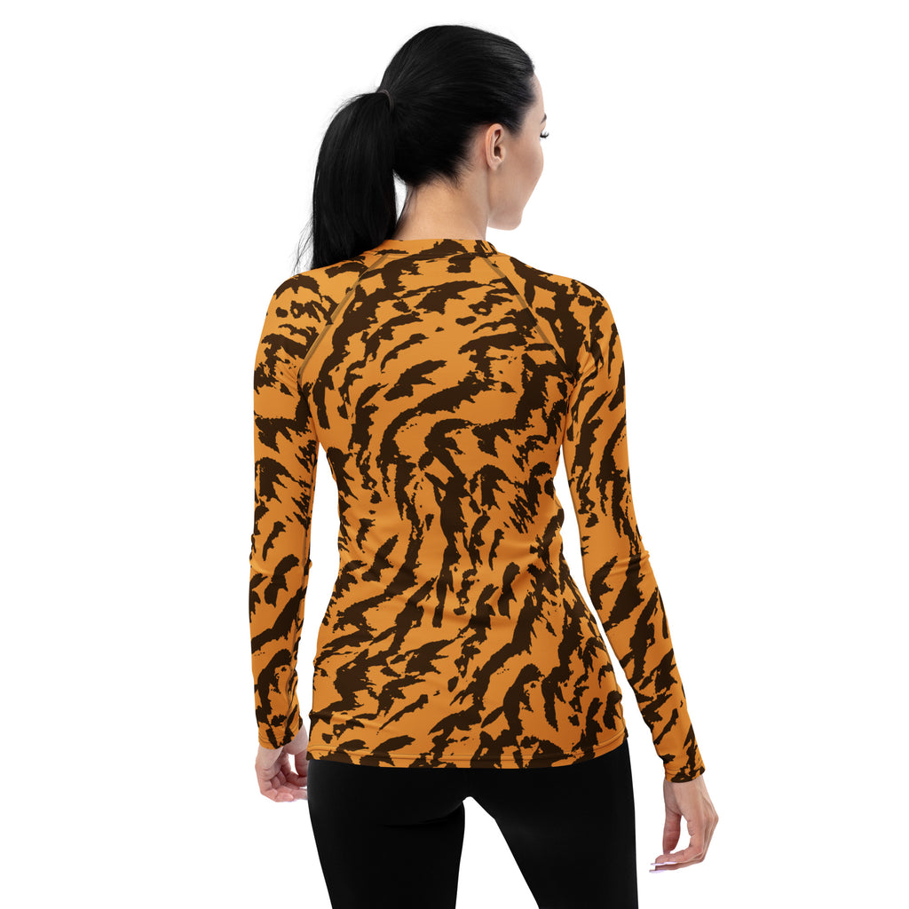Women's Orange Tiger Print Long Sleeve Rash Guard Swim Shirt – Buttery Soft, Sun Safe UPF 50+ Protection, Quick Dry & 4-Way Stretch Comfort