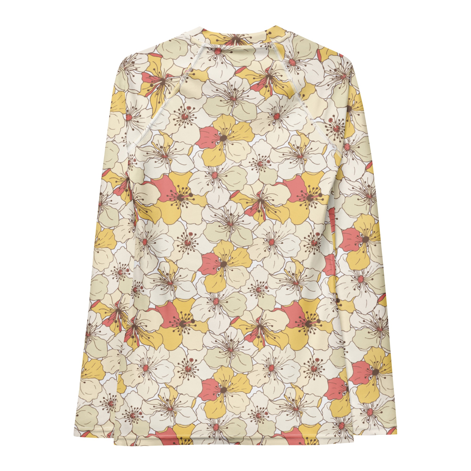 Women's Cream Yellow & Coral Flower Long Sleeve Rash Guard Swim Shirt – Buttery Soft, Sun Safe UPF 50+ Protection, Quick Dry & 4-Way Stretch Comfort