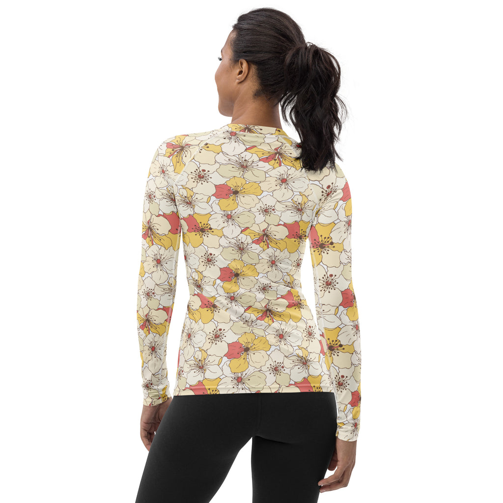 Women's Cream Yellow & Coral Flower Long Sleeve Rash Guard Swim Shirt – Buttery Soft, Sun Safe UPF 50+ Protection, Quick Dry & 4-Way Stretch Comfort