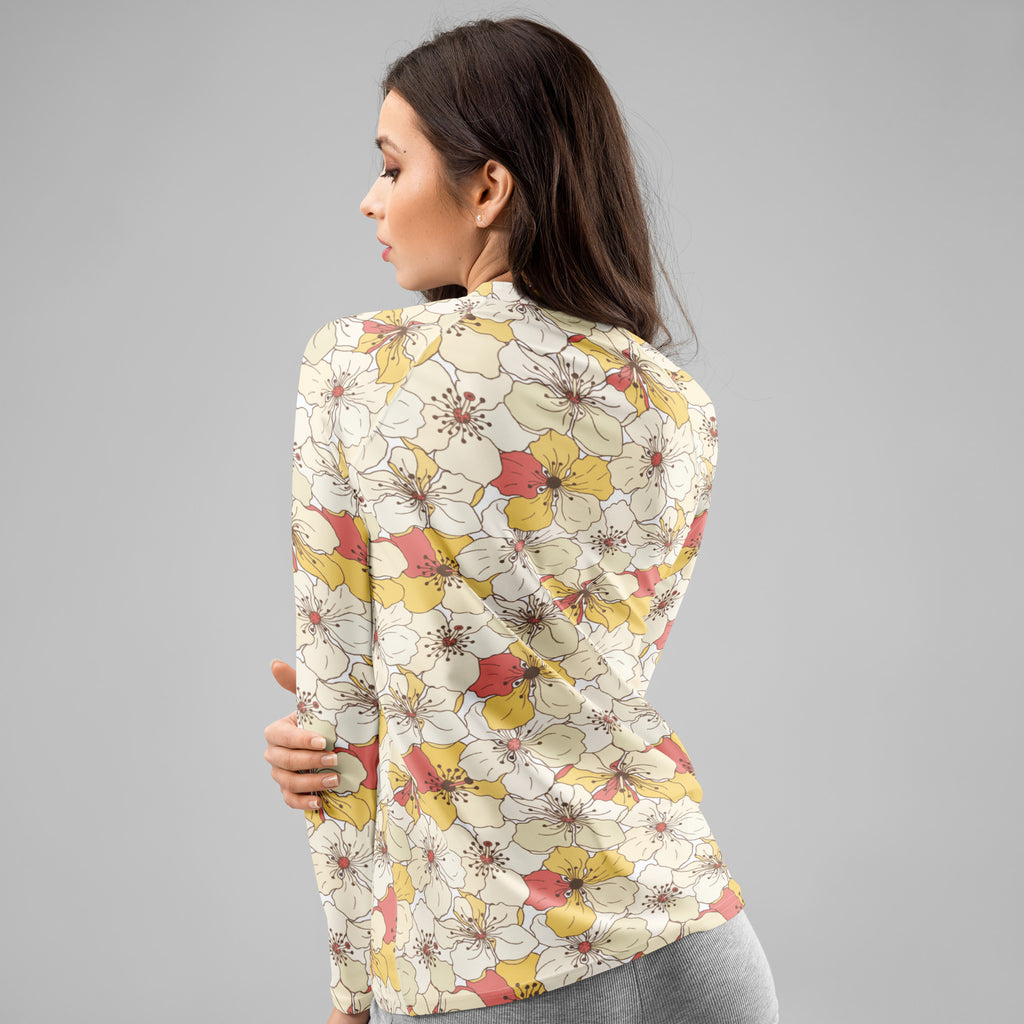 Women's Cream Yellow & Coral Flower Long Sleeve Rash Guard Swim Shirt – Buttery Soft, Sun Safe UPF 50+ Protection, Quick Dry & 4-Way Stretch Comfort