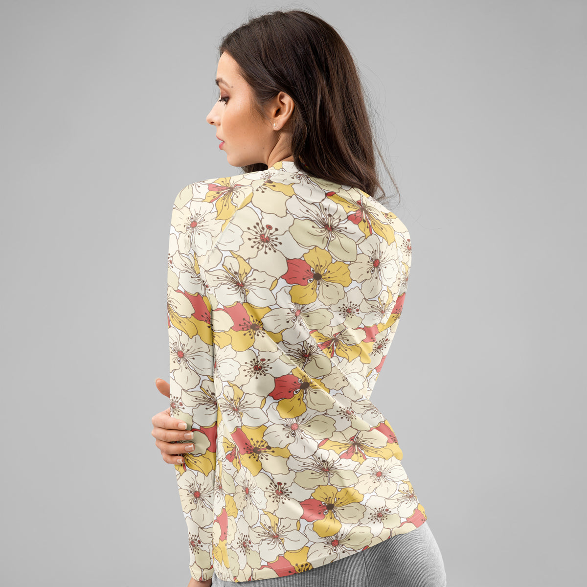 Women's Cream Yellow & Coral Flower Long Sleeve Rash Guard Swim Shirt – Buttery Soft, Sun Safe UPF 50+ Protection, Quick Dry & 4-Way Stretch Comfort