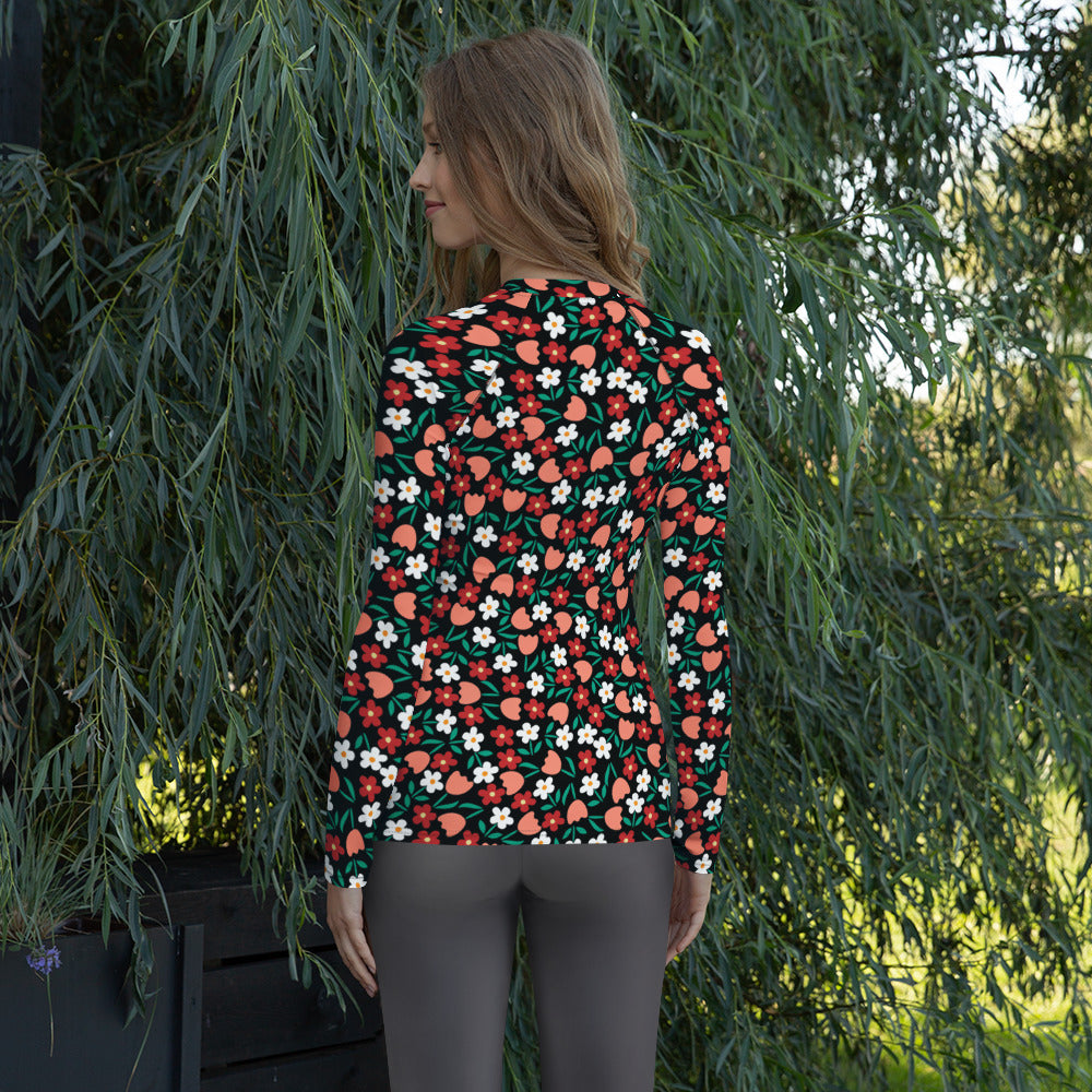 Women's Red Coral & White Flower Long Sleeve Rash Guard Swim Shirt – Buttery Soft, Sun Safe UPF 50+ Protection, Quick Dry & 4-Way Stretch Comfort