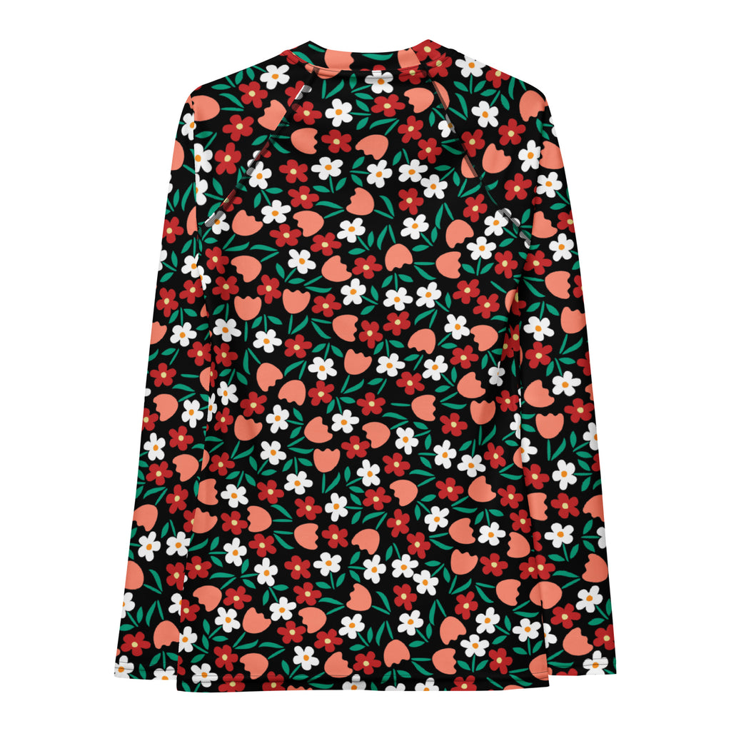 Women's Red Coral & White Flower Long Sleeve Rash Guard Swim Shirt – Buttery Soft, Sun Safe UPF 50+ Protection, Quick Dry & 4-Way Stretch Comfort