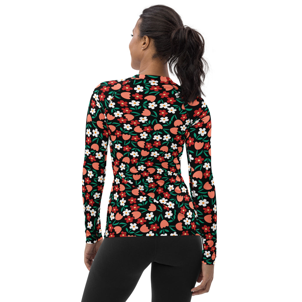 Women's Red Coral & White Flower Long Sleeve Rash Guard Swim Shirt – Buttery Soft, Sun Safe UPF 50+ Protection, Quick Dry & 4-Way Stretch Comfort