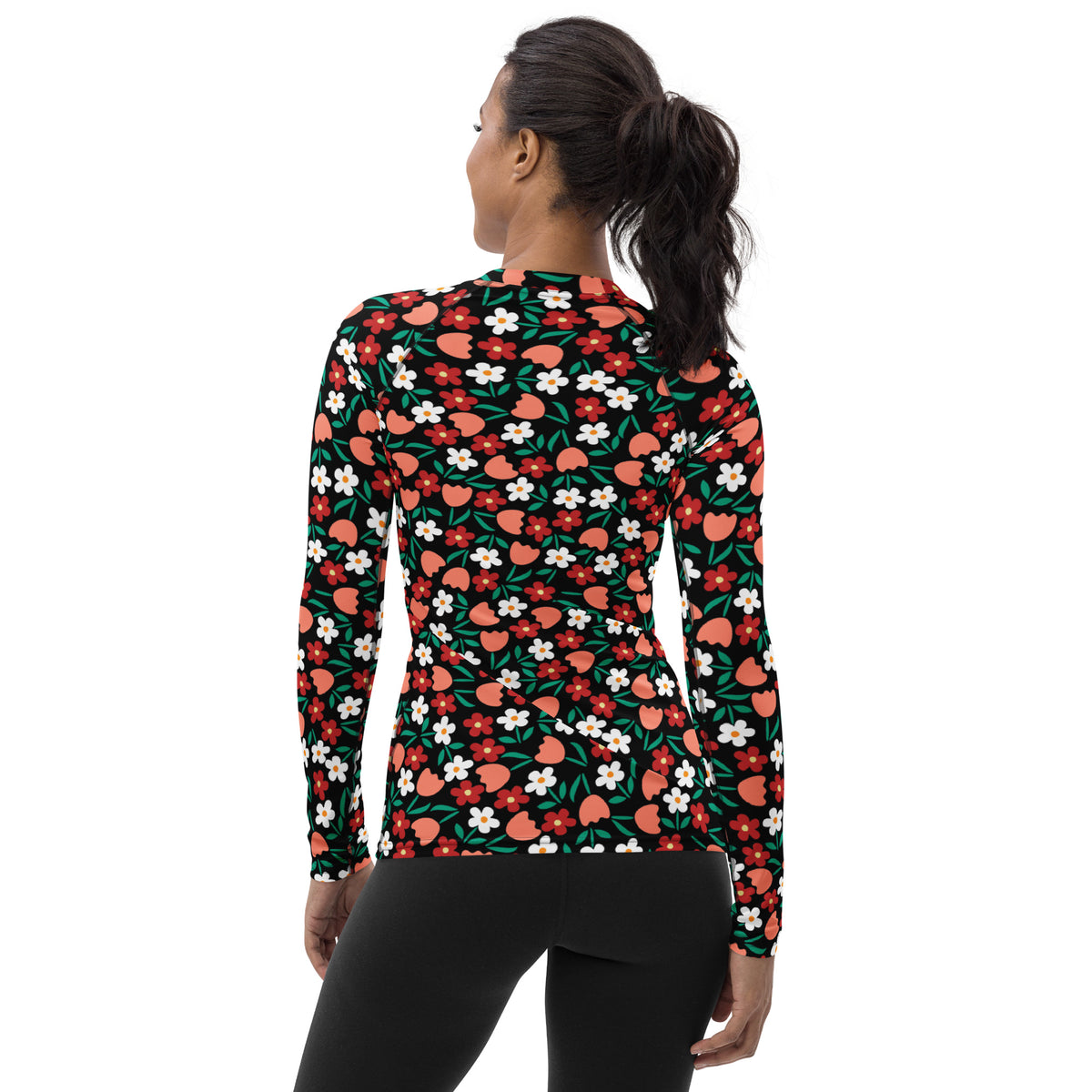 Women's Red Coral & White Flower Long Sleeve Rash Guard Swim Shirt – Buttery Soft, Sun Safe UPF 50+ Protection, Quick Dry & 4-Way Stretch Comfort