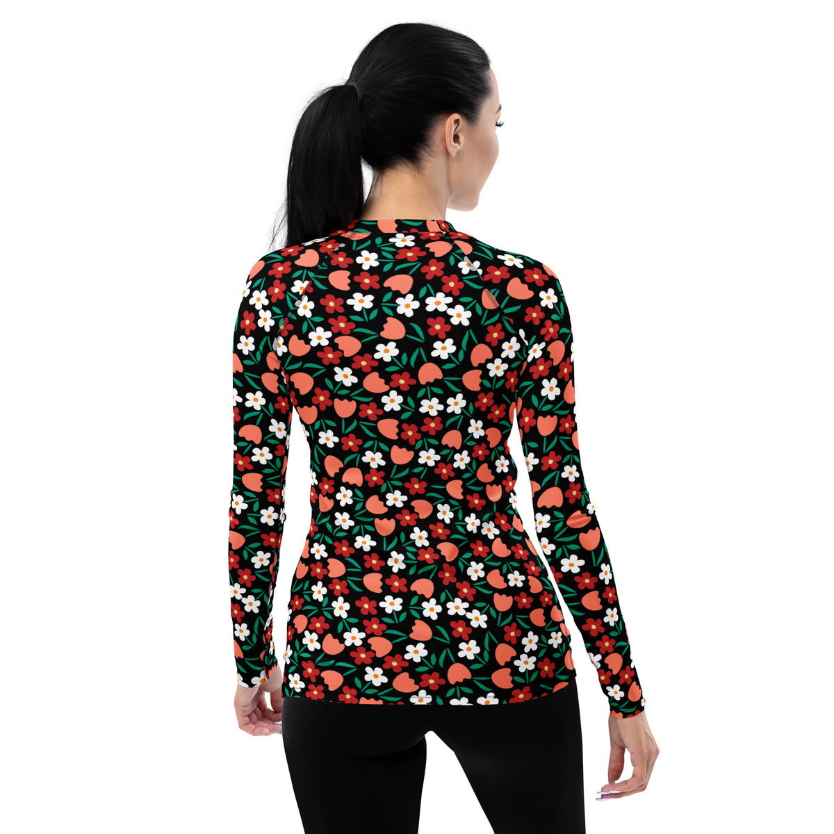 Women's Red Coral & White Flower Long Sleeve Rash Guard Swim Shirt – Buttery Soft, Sun Safe UPF 50+ Protection, Quick Dry & 4-Way Stretch Comfort