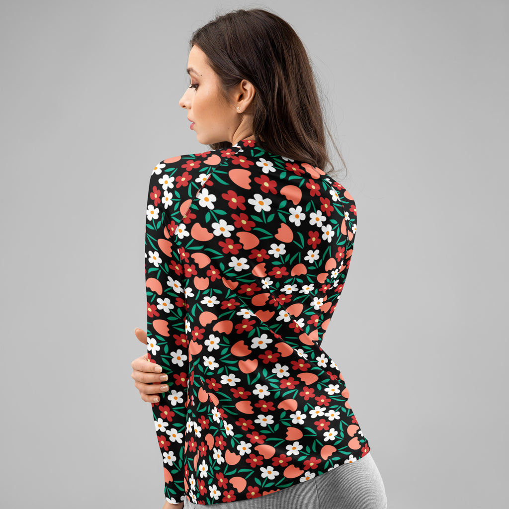 Women's Red Coral & White Flower Long Sleeve Rash Guard Swim Shirt – Buttery Soft, Sun Safe UPF 50+ Protection, Quick Dry & 4-Way Stretch Comfort