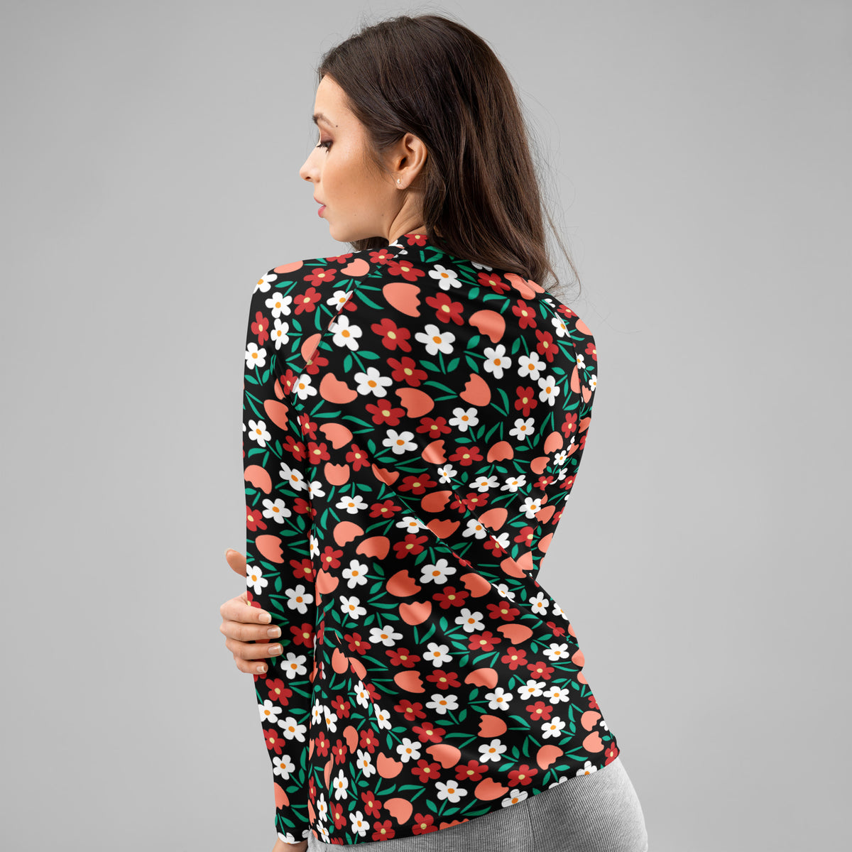 Women's Red Coral & White Flower Long Sleeve Rash Guard Swim Shirt – Buttery Soft, Sun Safe UPF 50+ Protection, Quick Dry & 4-Way Stretch Comfort