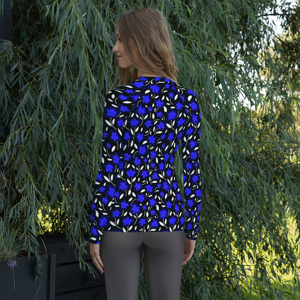 Women's Blue Floral Long Sleeve Rash Guard Swim Shirt – Buttery Soft, Sun Safe UPF 50+ Protection, Quick Dry & 4-Way Stretch Comfort