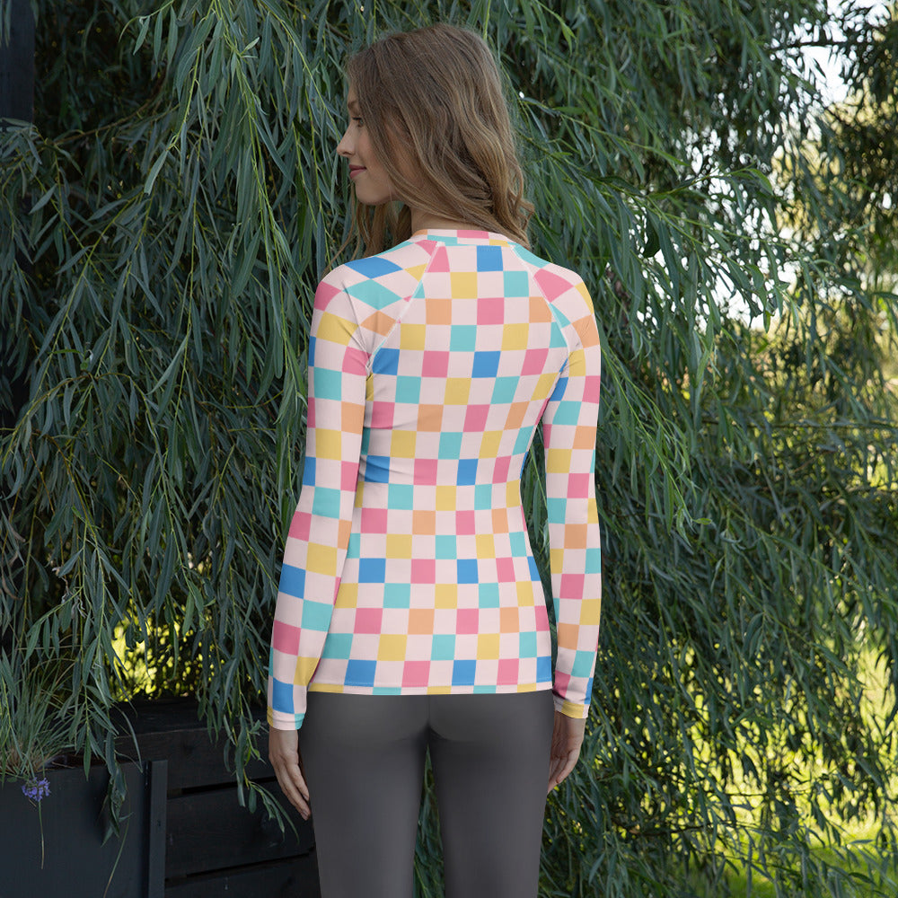 Women's Colorful Pastel Pink Checkerboard Long Sleeve Rash Guard Swim Shirt – Buttery Soft, Sun Safe UPF 50+ Protection, Quick Dry & 4-Way Stretch Comfort