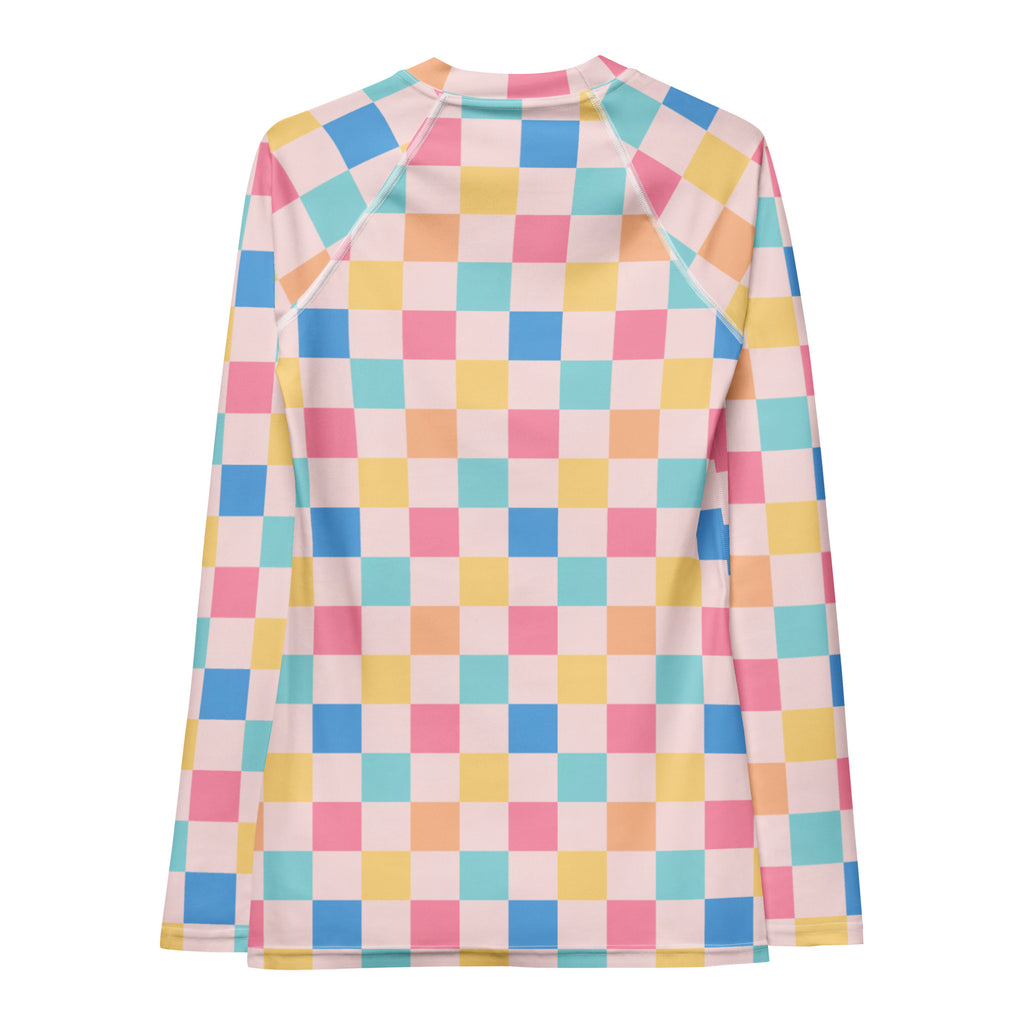 Women's Colorful Pastel Pink Checkerboard Long Sleeve Rash Guard Swim Shirt – Buttery Soft, Sun Safe UPF 50+ Protection, Quick Dry & 4-Way Stretch Comfort