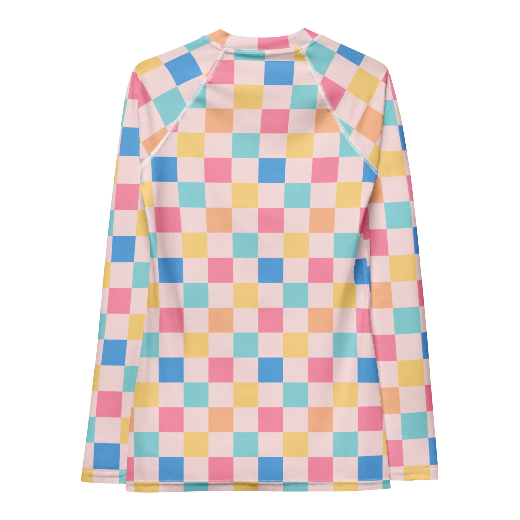 Women's Colorful Pastel Pink Checkerboard Long Sleeve Rash Guard Swim Shirt – Buttery Soft, Sun Safe UPF 50+ Protection, Quick Dry & 4-Way Stretch Comfort