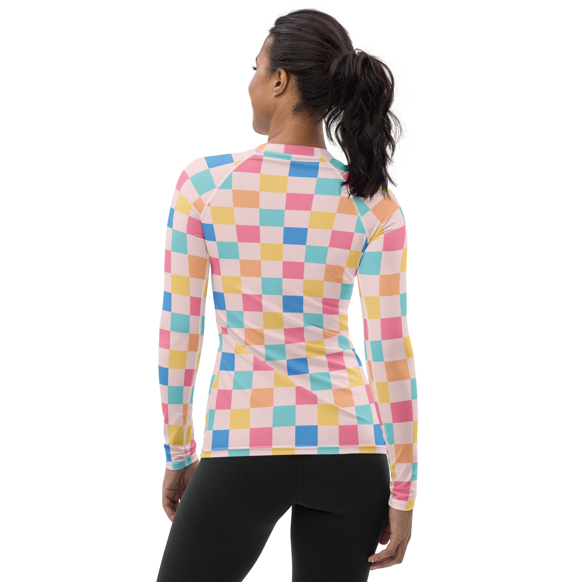 Women's Colorful Pastel Pink Checkerboard Long Sleeve Rash Guard Swim Shirt – Buttery Soft, Sun Safe UPF 50+ Protection, Quick Dry & 4-Way Stretch Comfort