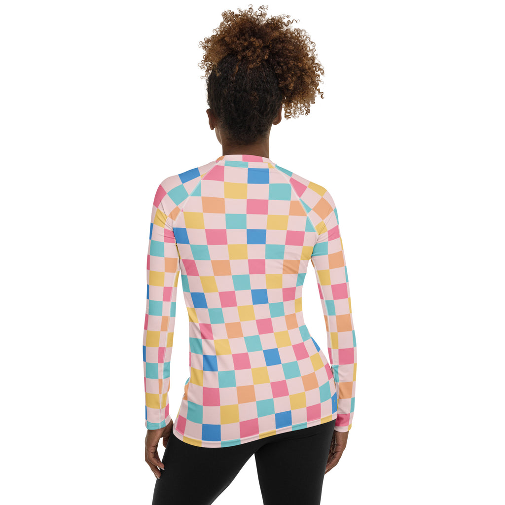 Women's Colorful Pastel Pink Checkerboard Long Sleeve Rash Guard Swim Shirt – Buttery Soft, Sun Safe UPF 50+ Protection, Quick Dry & 4-Way Stretch Comfort