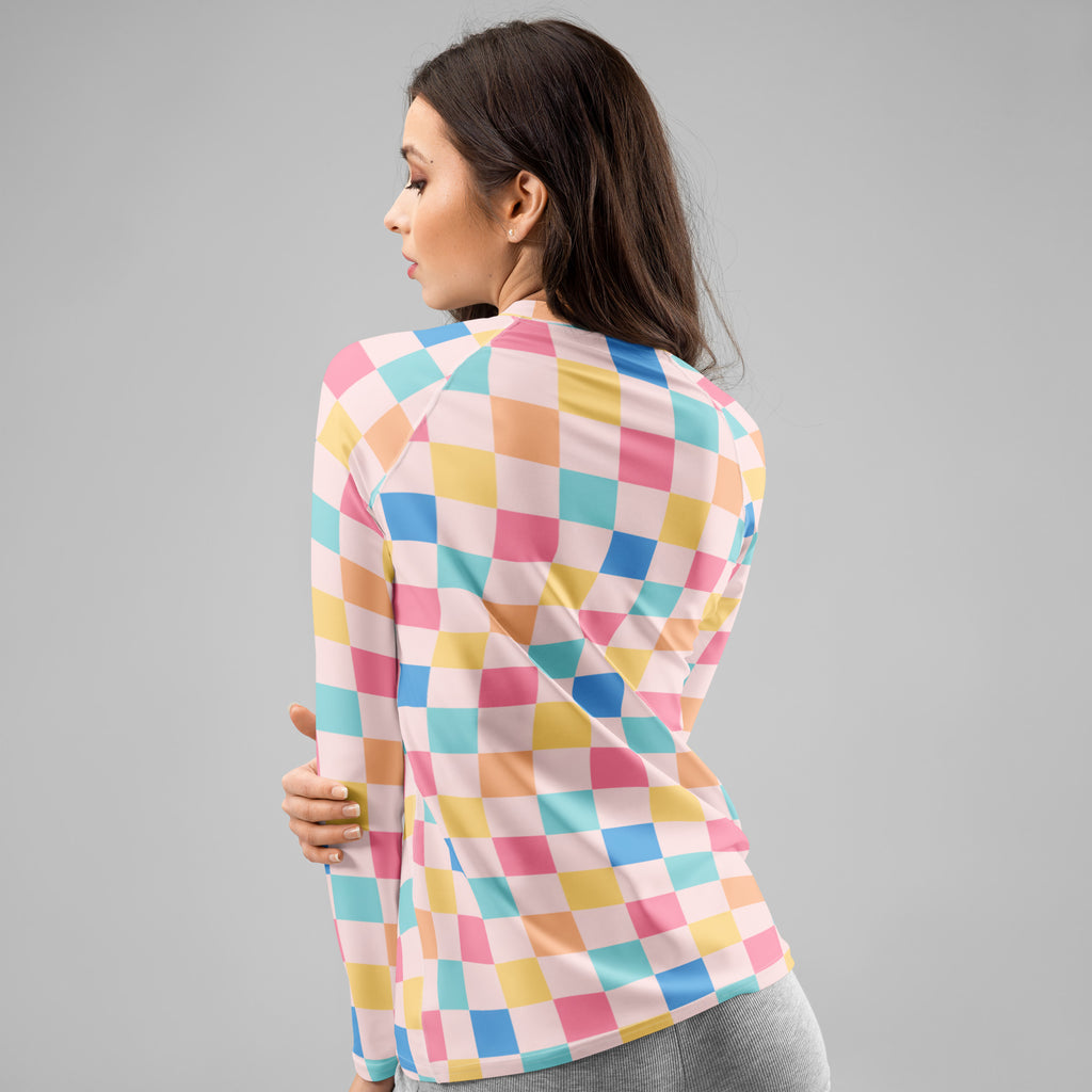 Women's Colorful Pastel Pink Checkerboard Long Sleeve Rash Guard Swim Shirt – Buttery Soft, Sun Safe UPF 50+ Protection, Quick Dry & 4-Way Stretch Comfort