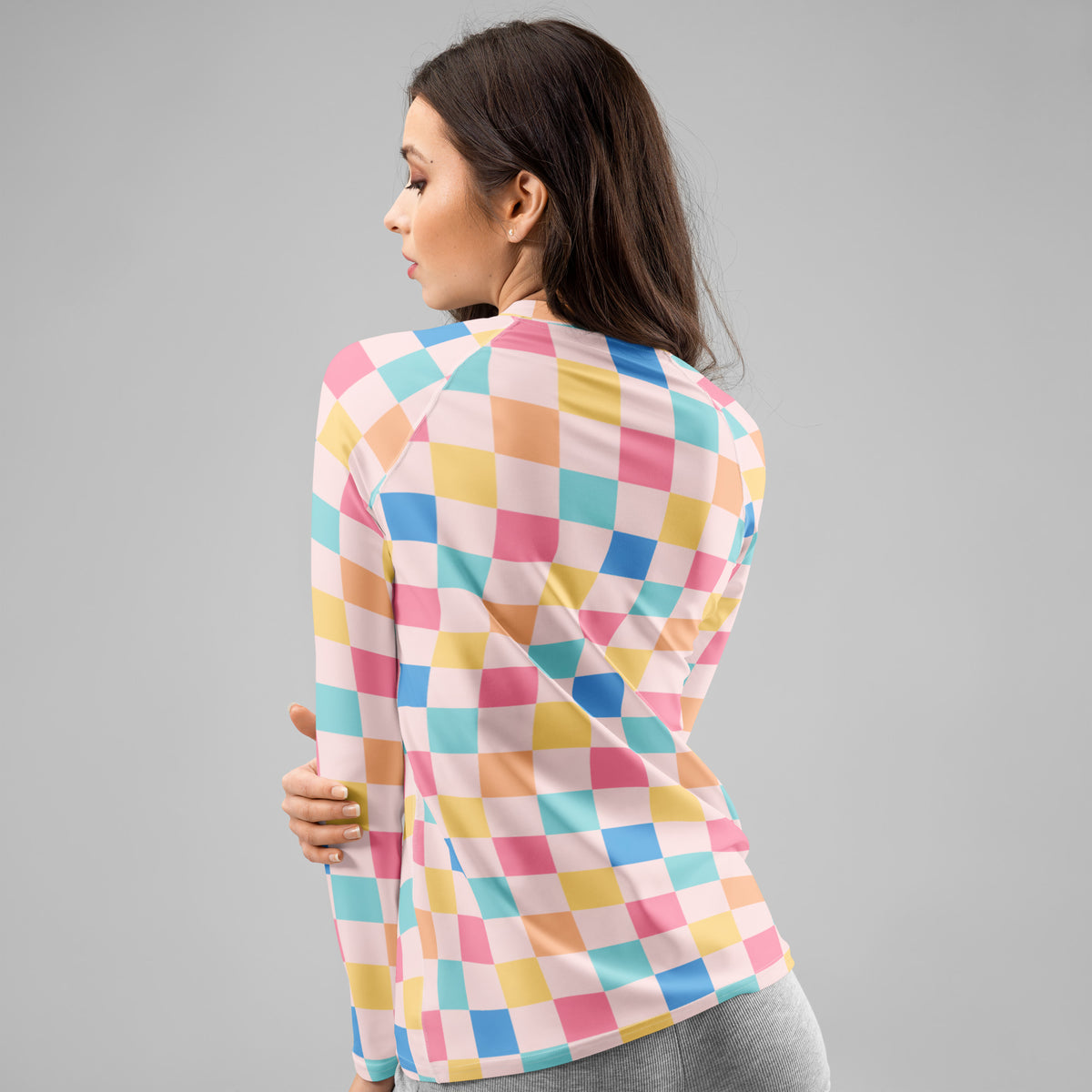 Women's Colorful Pastel Pink Checkerboard Long Sleeve Rash Guard Swim Shirt – Buttery Soft, Sun Safe UPF 50+ Protection, Quick Dry & 4-Way Stretch Comfort