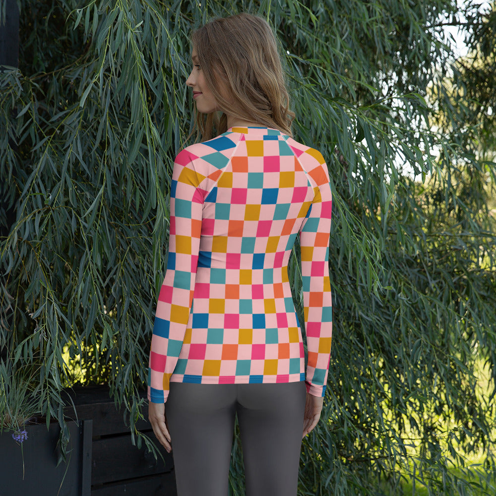 Women's Colorful Pink Checkerboard Long Sleeve Rash Guard Swim Shirt – Buttery Soft, Sun Safe UPF 50+ Protection, Quick Dry & 4-Way Stretch Comfort