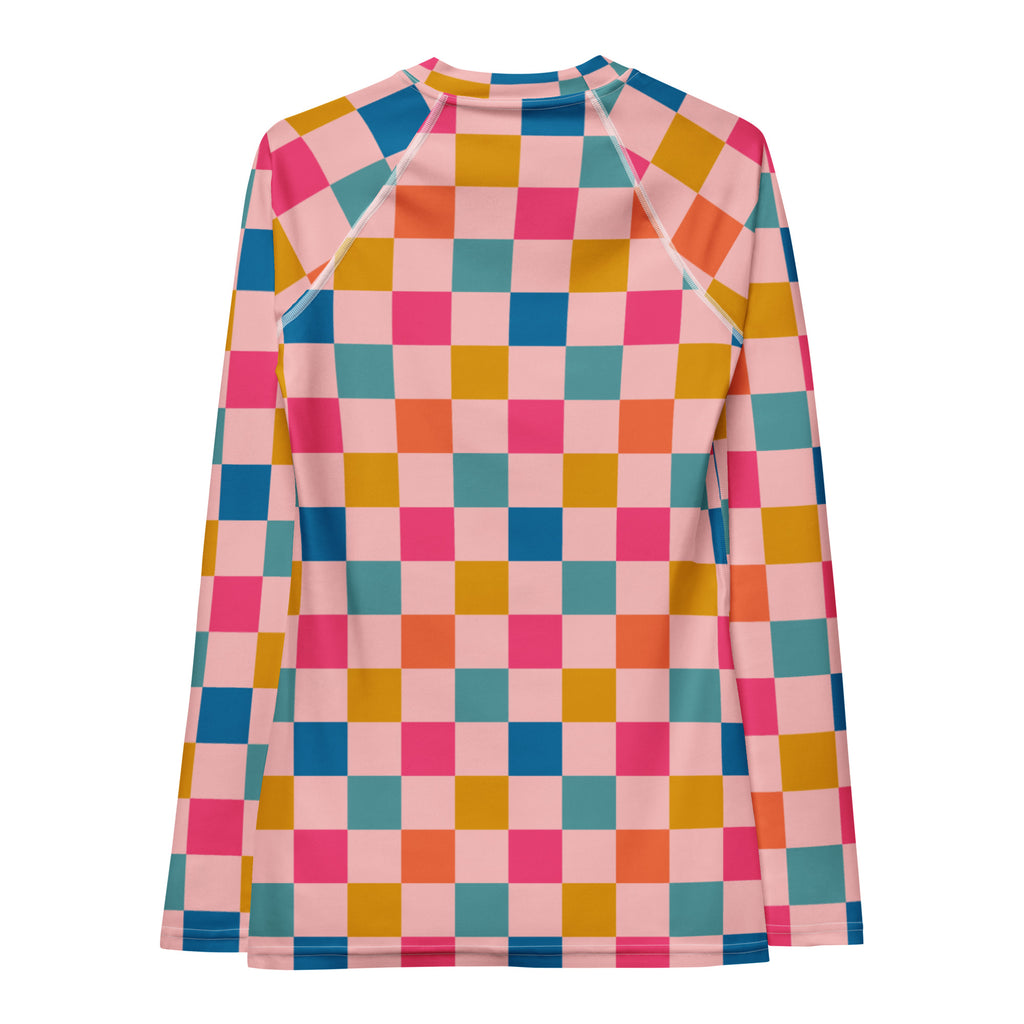 Women's Colorful Pink Checkerboard Long Sleeve Rash Guard Swim Shirt – Buttery Soft, Sun Safe UPF 50+ Protection, Quick Dry & 4-Way Stretch Comfort