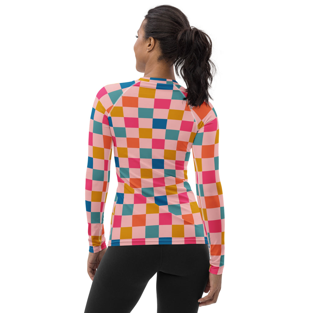 Women's Colorful Pink Checkerboard Long Sleeve Rash Guard Swim Shirt – Buttery Soft, Sun Safe UPF 50+ Protection, Quick Dry & 4-Way Stretch Comfort