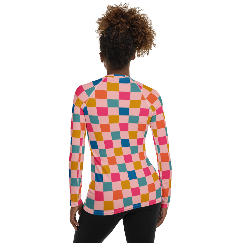 Women's Colorful Pink Checkerboard Long Sleeve Rash Guard Swim Shirt – Buttery Soft, Sun Safe UPF 50+ Protection, Quick Dry & 4-Way Stretch Comfort