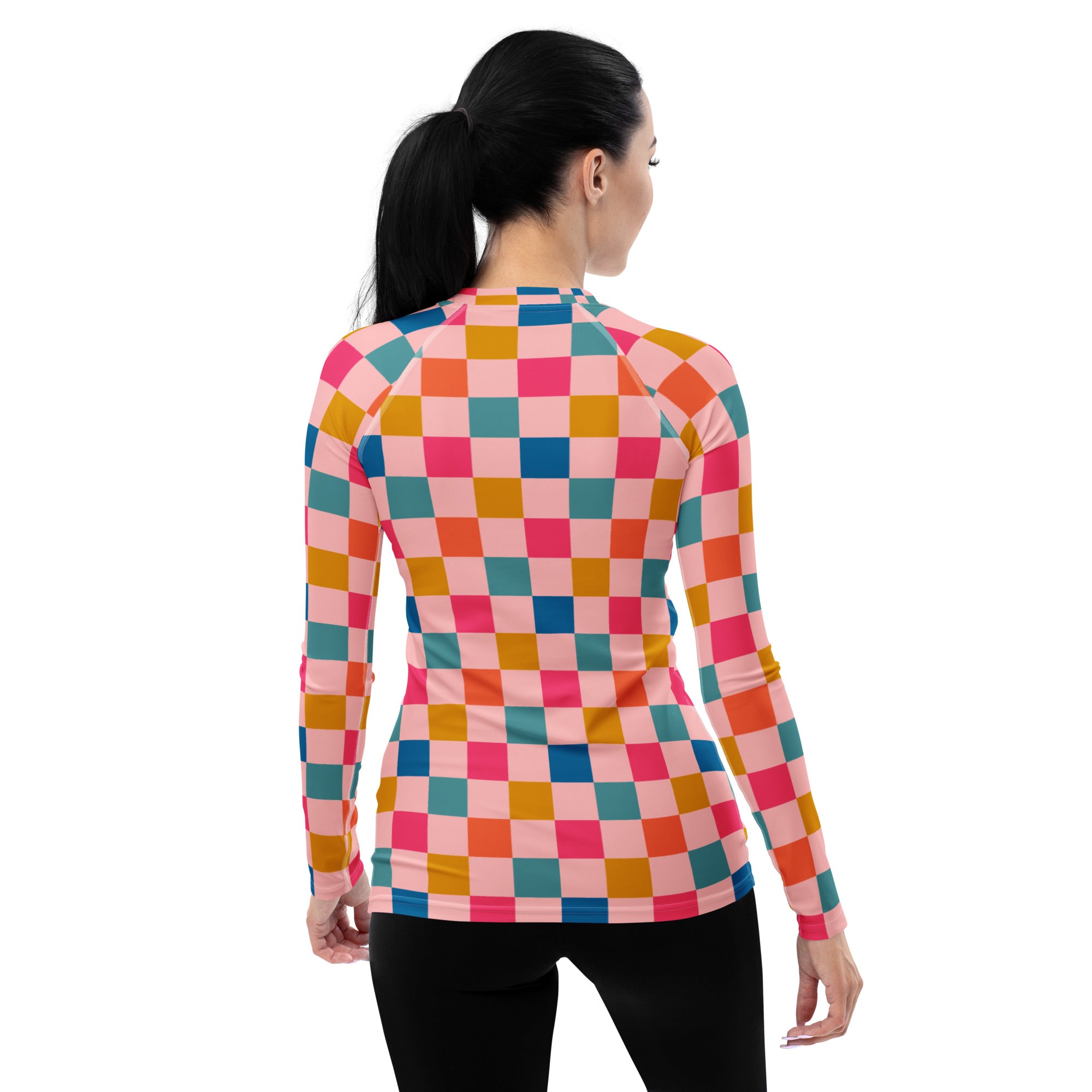 Women's Colorful Pink Checkerboard Long Sleeve Rash Guard Swim Shirt – Buttery Soft, Sun Safe UPF 50+ Protection, Quick Dry & 4-Way Stretch Comfort