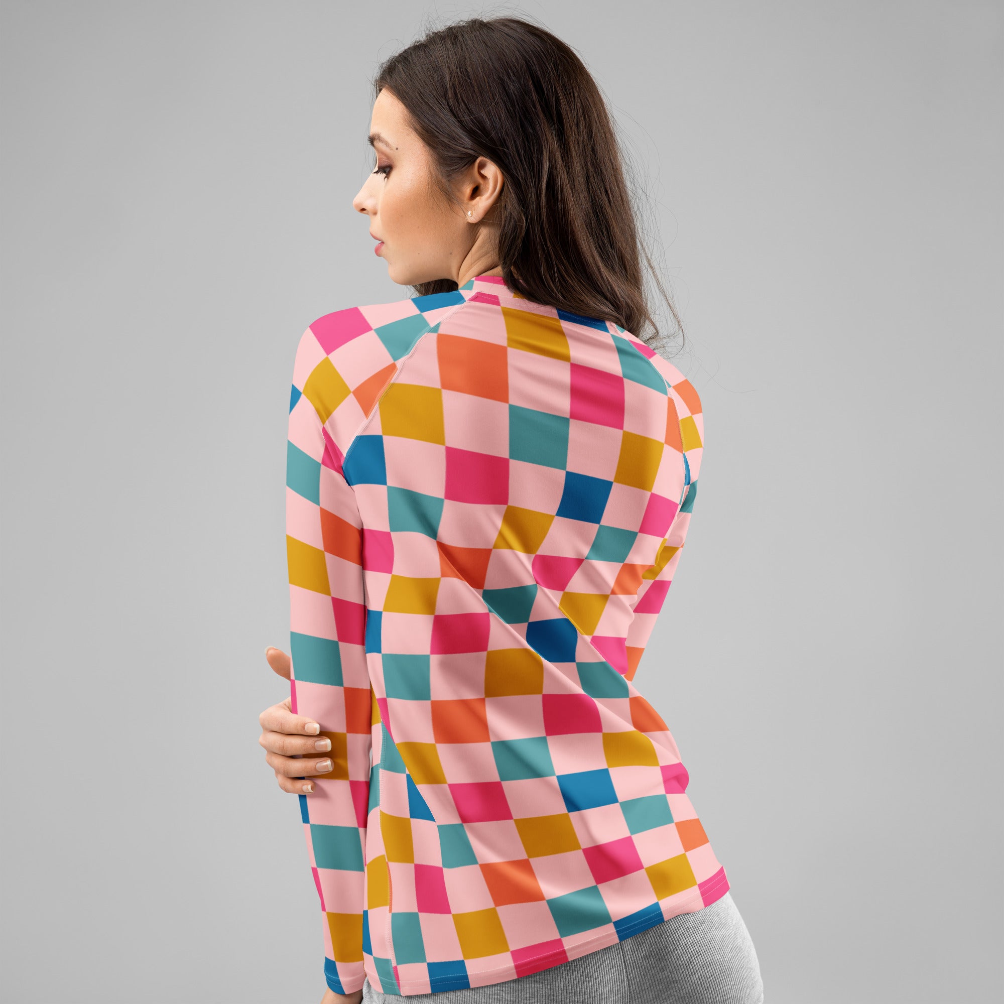 Women's Colorful Pink Checkerboard Long Sleeve Rash Guard Swim Shirt – Buttery Soft, Sun Safe UPF 50+ Protection, Quick Dry & 4-Way Stretch Comfort