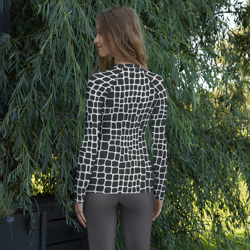 Women's Black & White Animal Print Long Sleeve Rash Guard Swim Shirt – Buttery Soft, Sun Safe UPF 50+ Protection, Quick Dry & 4-Way Stretch Comfort