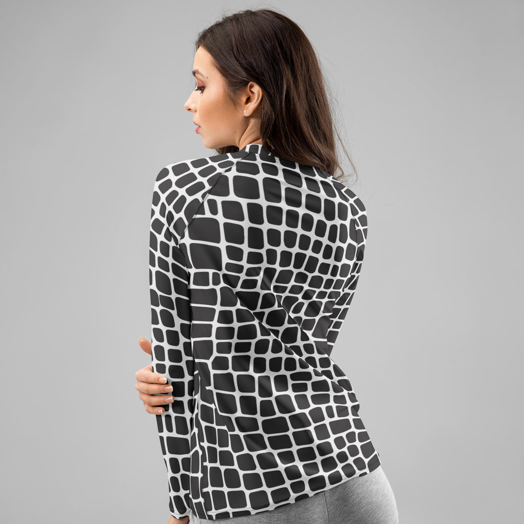 Women's Black & White Animal Print Long Sleeve Rash Guard Swim Shirt – Buttery Soft, Sun Safe UPF 50+ Protection, Quick Dry & 4-Way Stretch Comfort