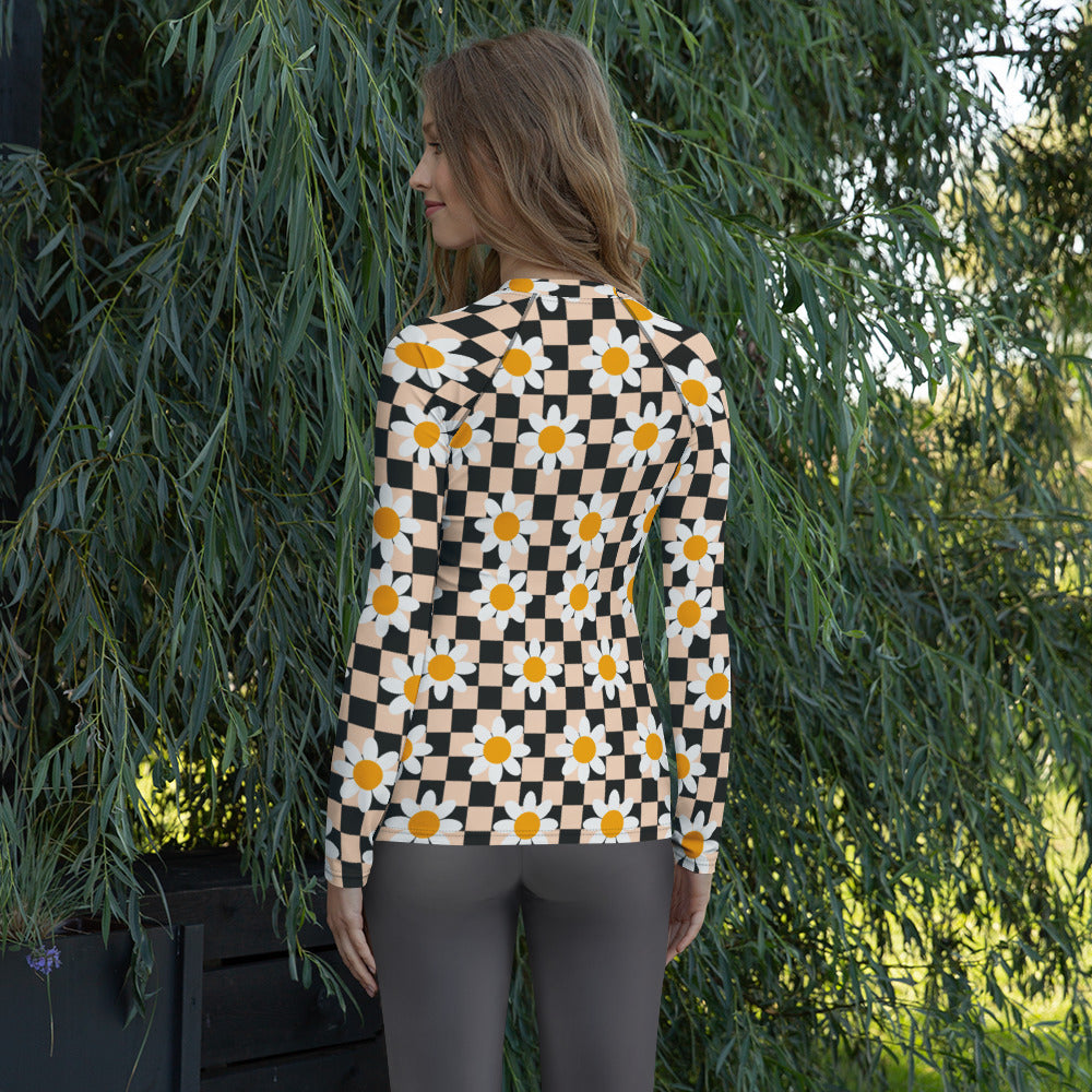 Women's Daisy Checkerboard Long Sleeve Rash Guard Swim Shirt – Buttery Soft, Sun Safe UPF 50+ Protection, Quick Dry & 4-Way Stretch Comfort