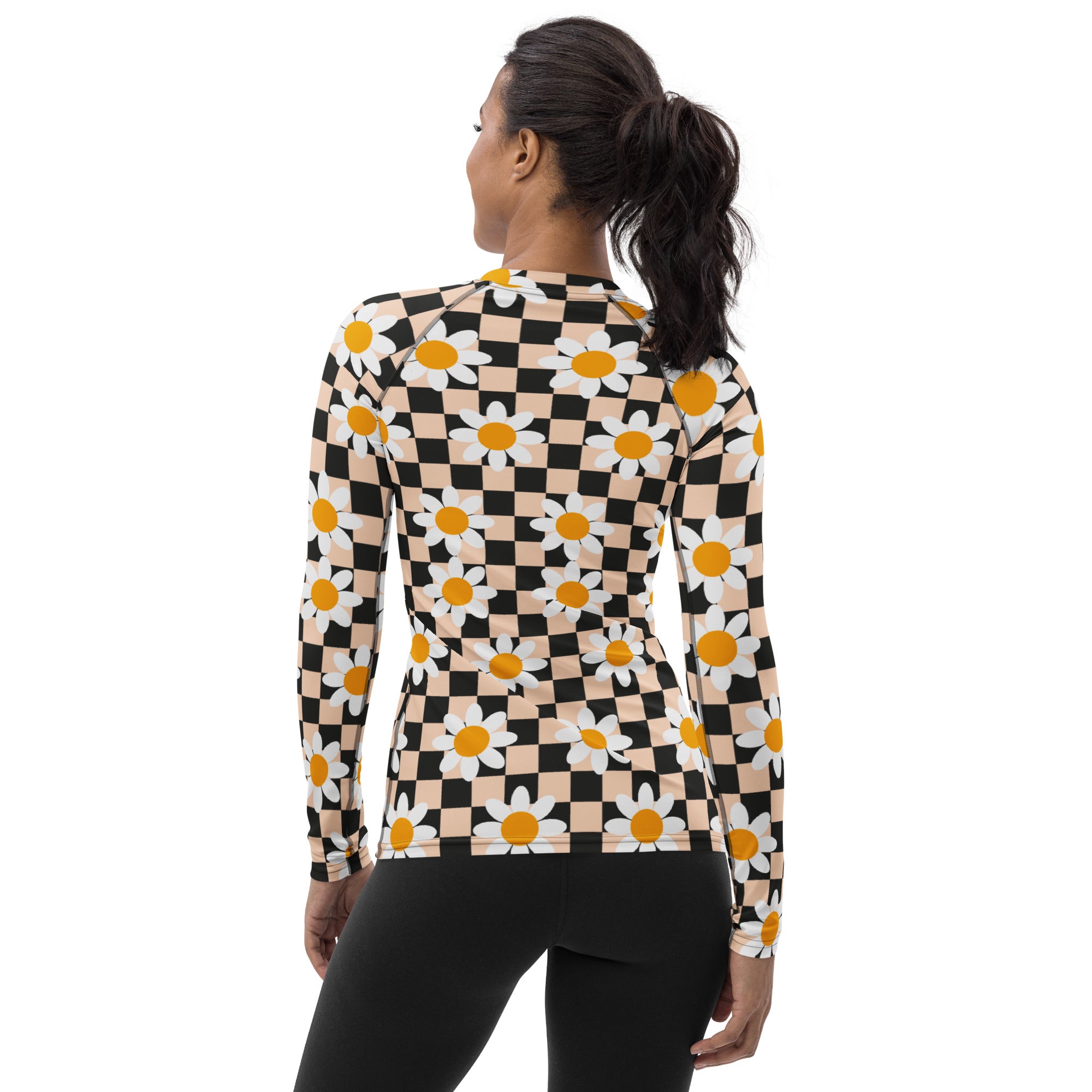 Women's Daisy Checkerboard Long Sleeve Rash Guard Swim Shirt – Buttery Soft, Sun Safe UPF 50+ Protection, Quick Dry & 4-Way Stretch Comfort