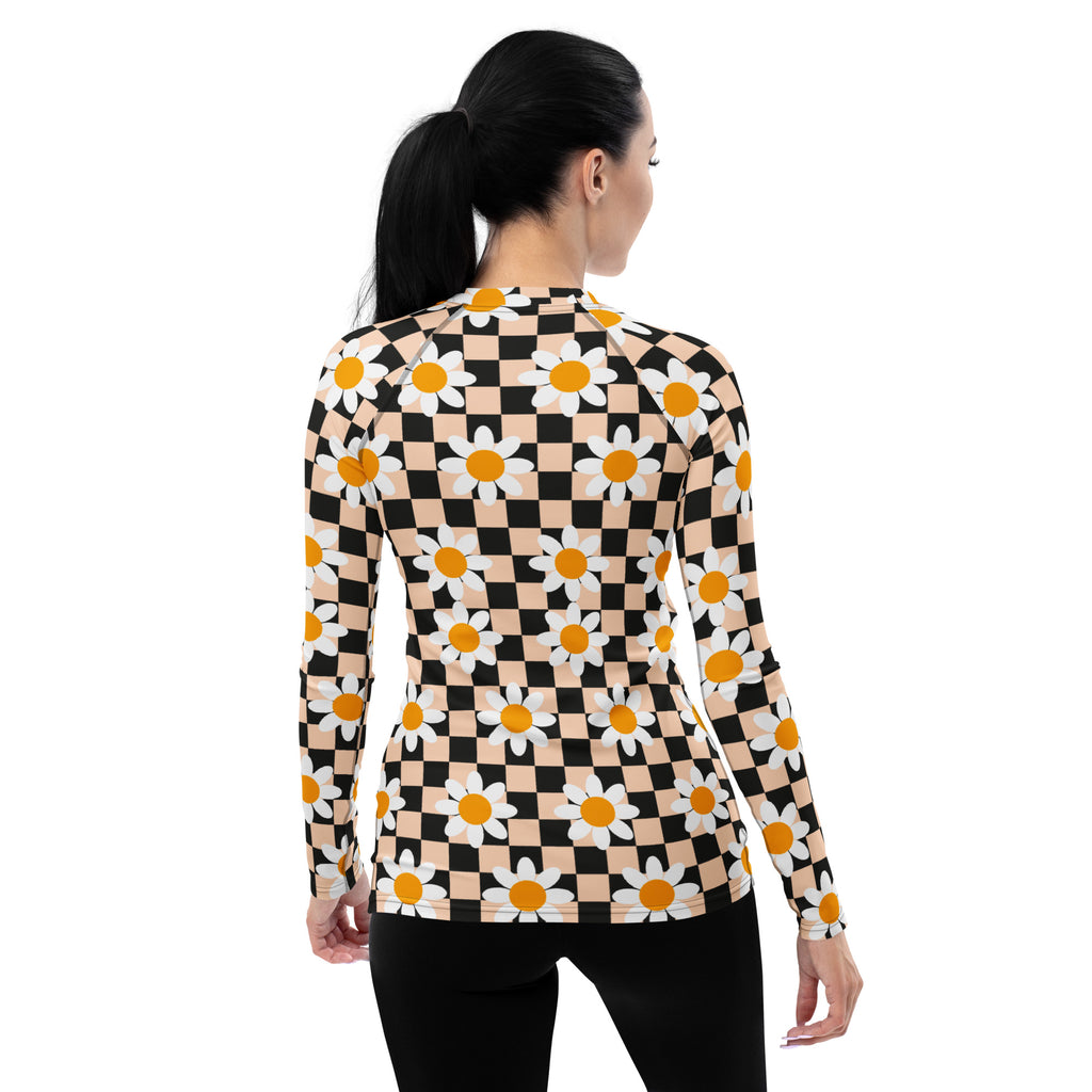 Women's Daisy Checkerboard Long Sleeve Rash Guard Swim Shirt – Buttery Soft, Sun Safe UPF 50+ Protection, Quick Dry & 4-Way Stretch Comfort