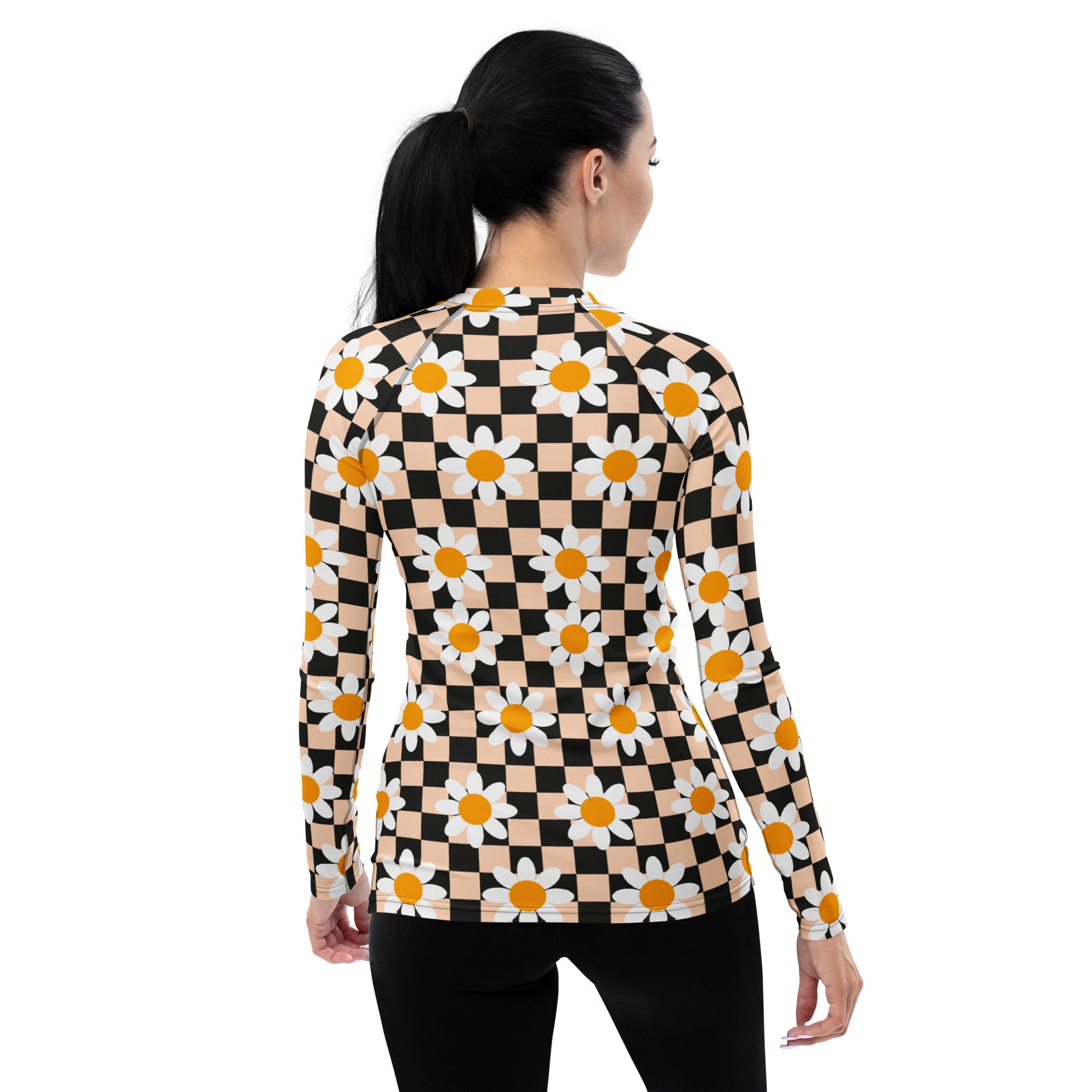 Women's Daisy Checkerboard Long Sleeve Rash Guard Swim Shirt – Buttery Soft, Sun Safe UPF 50+ Protection, Quick Dry & 4-Way Stretch Comfort