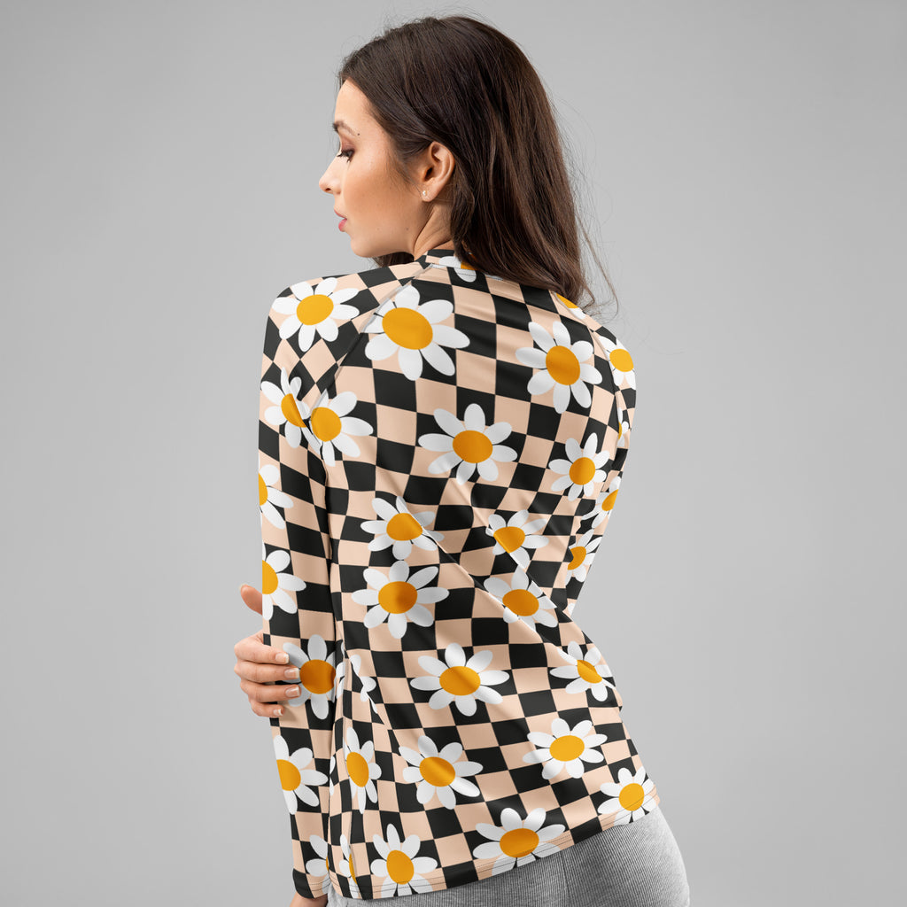 Women's Daisy Checkerboard Long Sleeve Rash Guard Swim Shirt – Buttery Soft, Sun Safe UPF 50+ Protection, Quick Dry & 4-Way Stretch Comfort