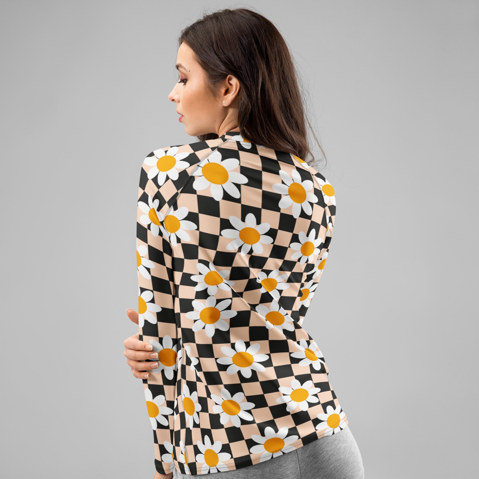 Women's Daisy Checkerboard Long Sleeve Rash Guard Swim Shirt – Buttery Soft, Sun Safe UPF 50+ Protection, Quick Dry & 4-Way Stretch Comfort