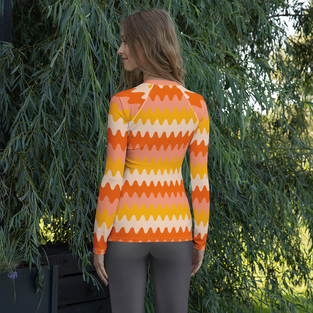Women's Orange Retro Wavy Stripe Long Sleeve Rash Guard Swim Shirt – Buttery Soft, Sun Safe UPF 50+ Protection, Quick Dry & 4-Way Stretch Comfort