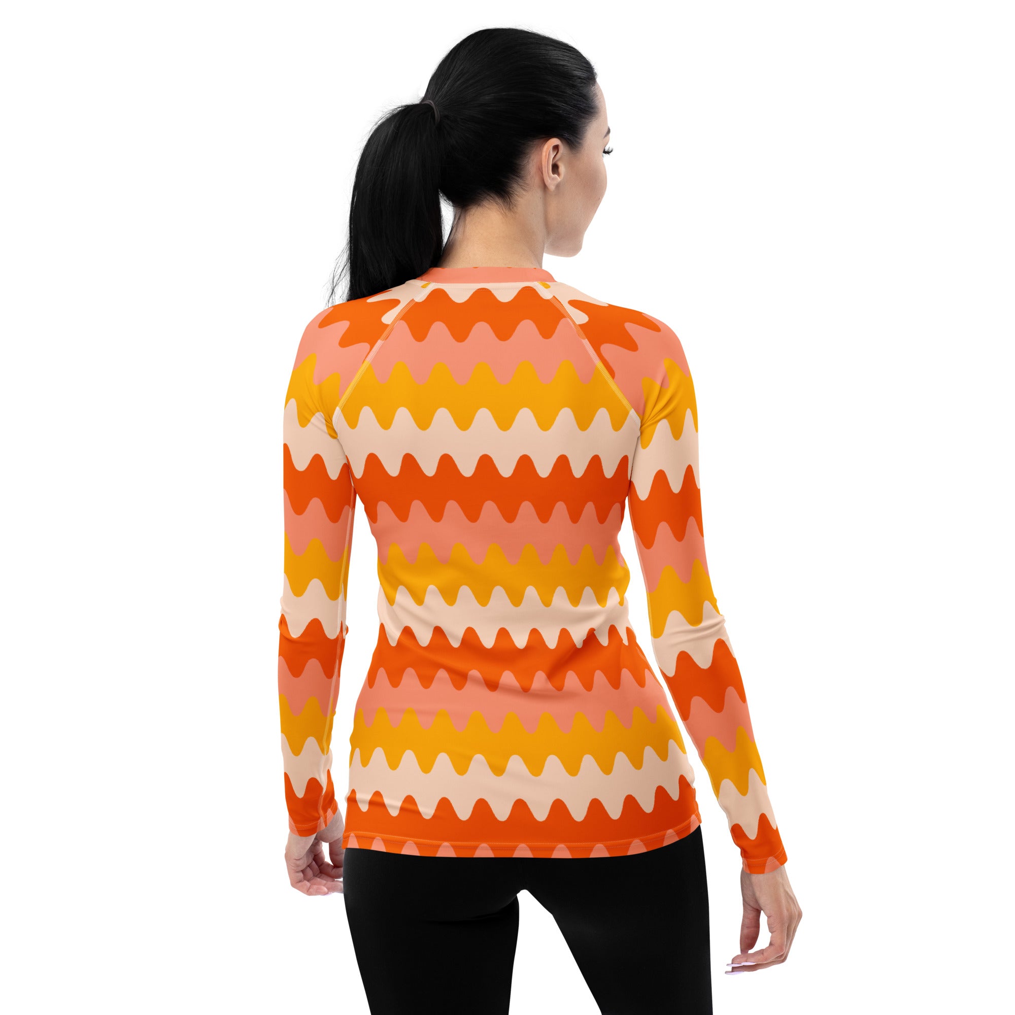 Women's Orange Retro Wavy Stripe Long Sleeve Rash Guard Swim Shirt – Buttery Soft, Sun Safe UPF 50+ Protection, Quick Dry & 4-Way Stretch Comfort