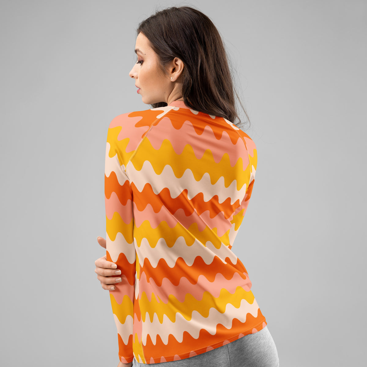 Women's Orange Retro Wavy Stripe Long Sleeve Rash Guard Swim Shirt – Buttery Soft, Sun Safe UPF 50+ Protection, Quick Dry & 4-Way Stretch Comfort