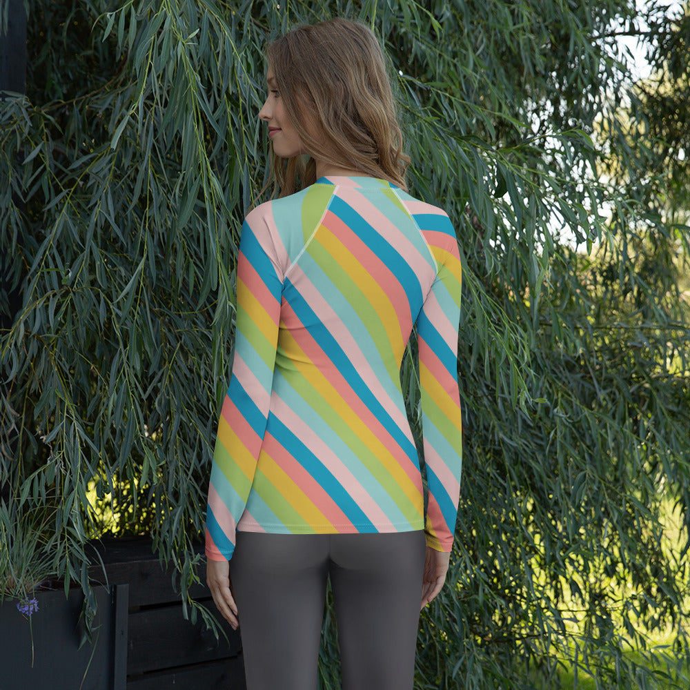 Women's Colorful Diagonal Striped Long Sleeve Rash Guard Swim Shirt – Buttery Soft, Sun Safe UPF 50+ Protection, Quick Dry & 4-Way Stretch Comfort