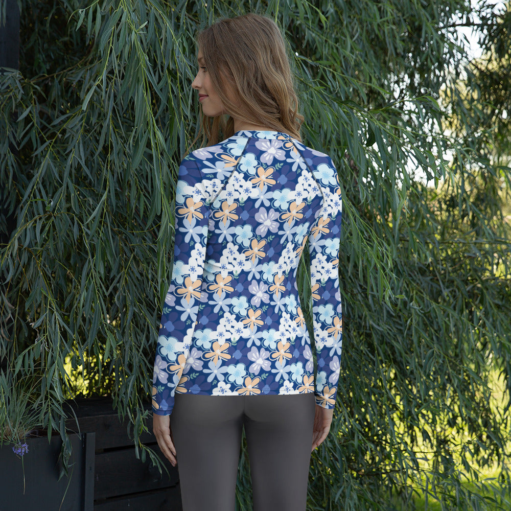 Women's Tropical Blue Floral Long Sleeve Rash Guard Swim Shirt – Buttery Soft, Sun Safe UPF 50+ Protection, Quick Dry & 4-Way Stretch Comfort