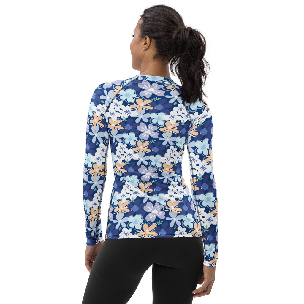 Women's Tropical Blue Floral Long Sleeve Rash Guard Swim Shirt – Buttery Soft, Sun Safe UPF 50+ Protection, Quick Dry & 4-Way Stretch Comfort
