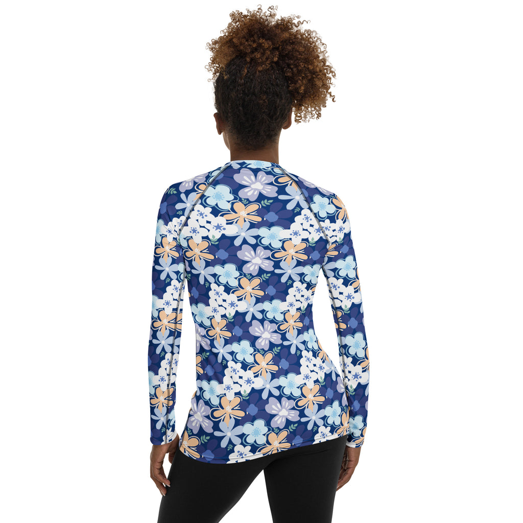 Women's Tropical Blue Floral Long Sleeve Rash Guard Swim Shirt – Buttery Soft, Sun Safe UPF 50+ Protection, Quick Dry & 4-Way Stretch Comfort