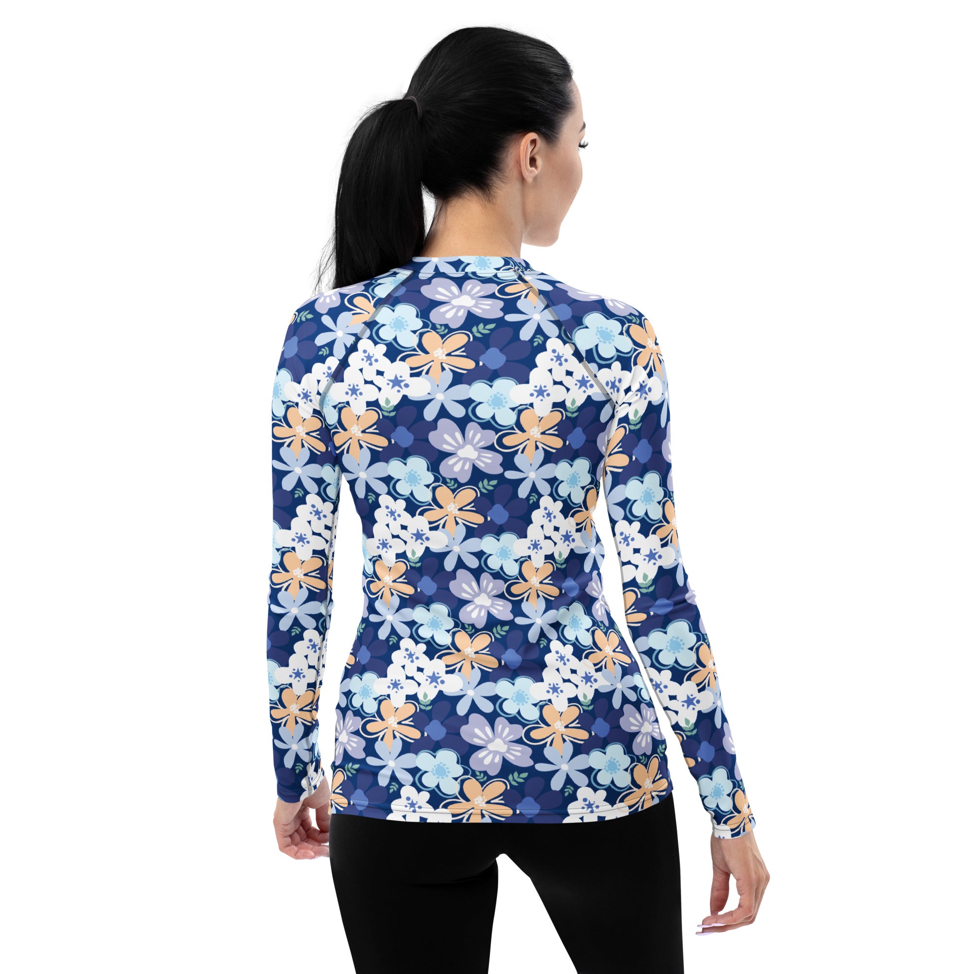 Women's Tropical Blue Floral Long Sleeve Rash Guard Swim Shirt – Buttery Soft, Sun Safe UPF 50+ Protection, Quick Dry & 4-Way Stretch Comfort