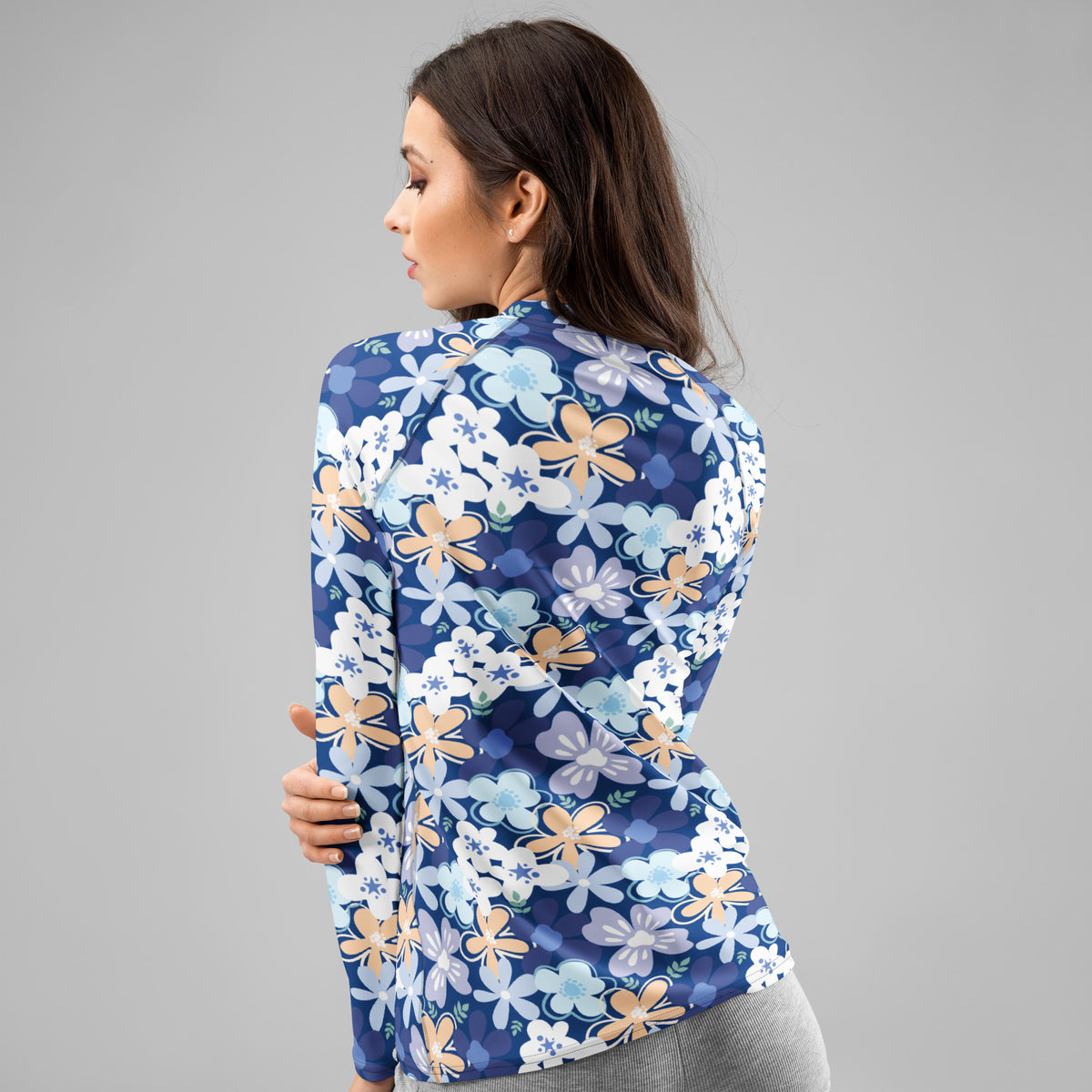 Women's Tropical Blue Floral Long Sleeve Rash Guard Swim Shirt – Buttery Soft, Sun Safe UPF 50+ Protection, Quick Dry & 4-Way Stretch Comfort