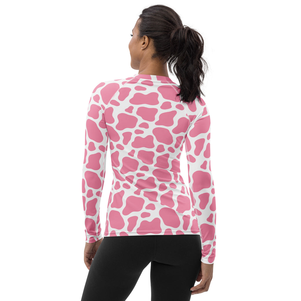 Women's Pink Cow Print Long Sleeve Rash Guard Swim Shirt – Buttery Soft, Sun Safe UPF 50+ Protection, Quick Dry & 4-Way Stretch Comfort
