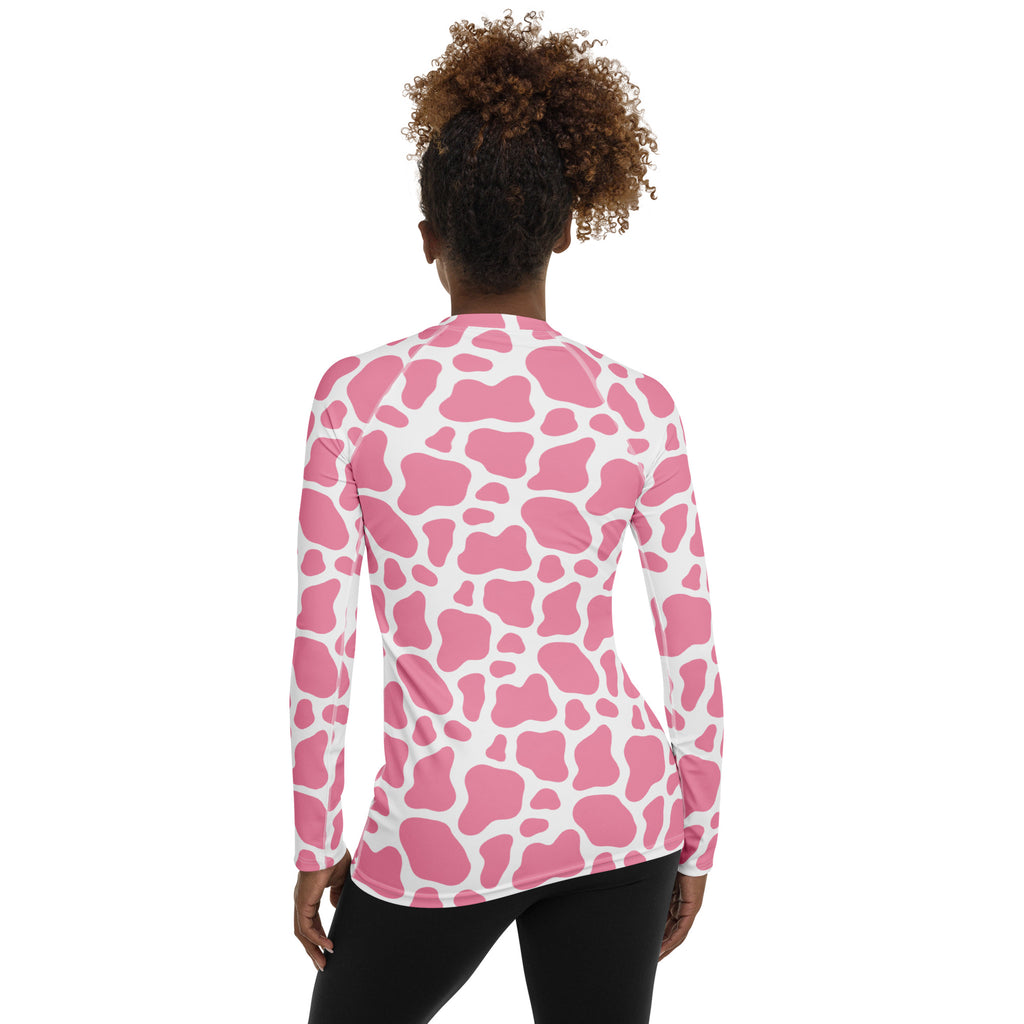 Women's Pink Cow Print Long Sleeve Rash Guard Swim Shirt – Buttery Soft, Sun Safe UPF 50+ Protection, Quick Dry & 4-Way Stretch Comfort