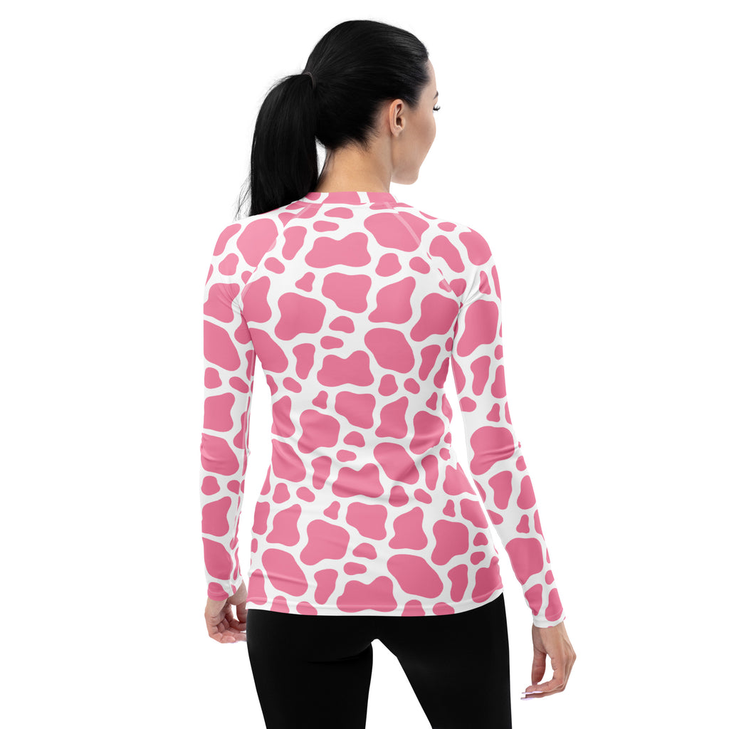 Women's Pink Cow Print Long Sleeve Rash Guard Swim Shirt – Buttery Soft, Sun Safe UPF 50+ Protection, Quick Dry & 4-Way Stretch Comfort